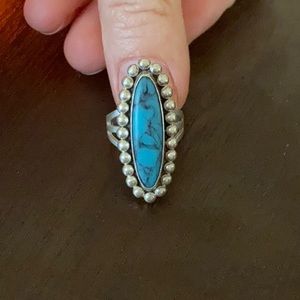 Large Turquoise Marbled Gem Sterling Silver Ring Size 5